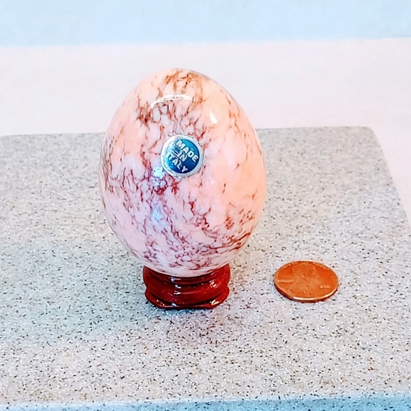 ITALIAN MARBLE PEACH & BROWN TIGER STRIPED EGG 1960s ITALY MADE WITH WOOD STAND - Picture 7 of 7